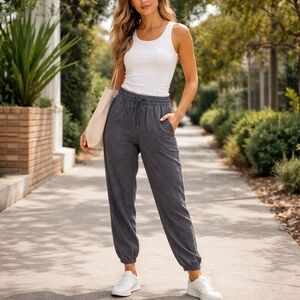 Tentree Linen Tencel Blend Jogger Pants Charcoal Gray Elastic Waist Drawstring